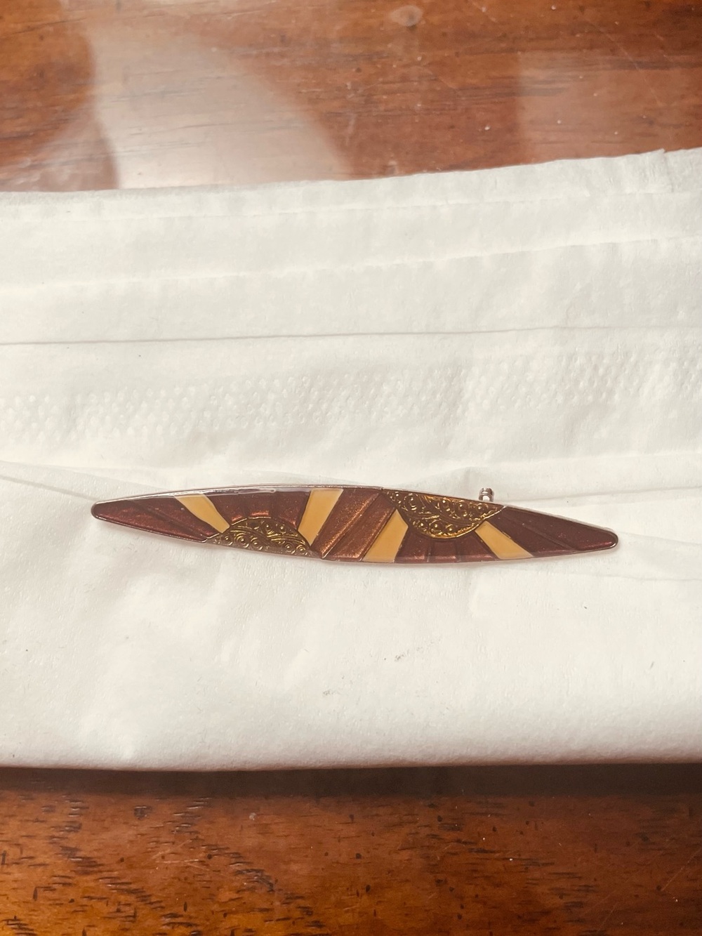 Vintage Maroon and Mustard Enamel Bar Pin. Geometric Art Deco Revival.